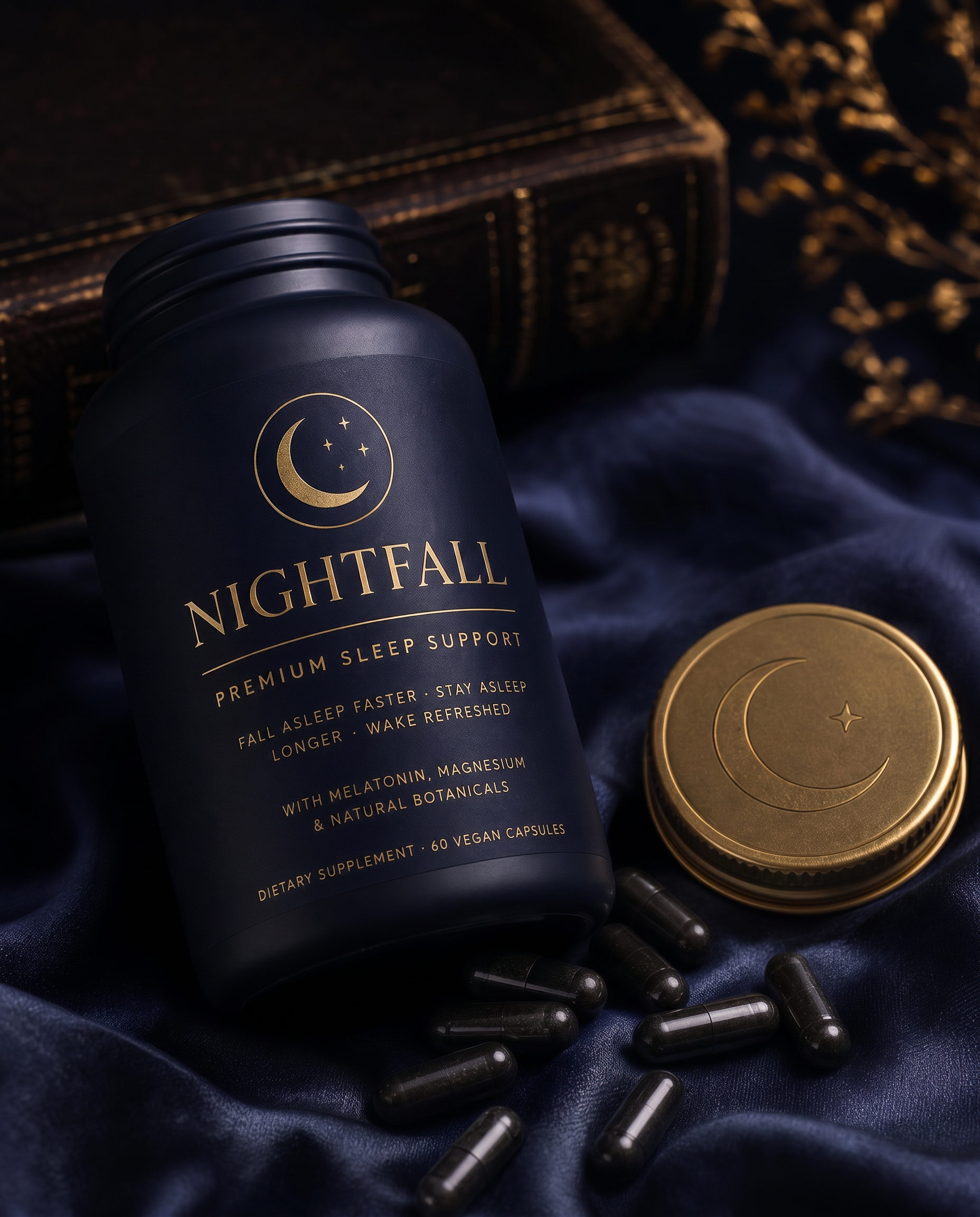 Nightfall evening sleep capsules bottle on linen with dried lavender and a brass reading lamp